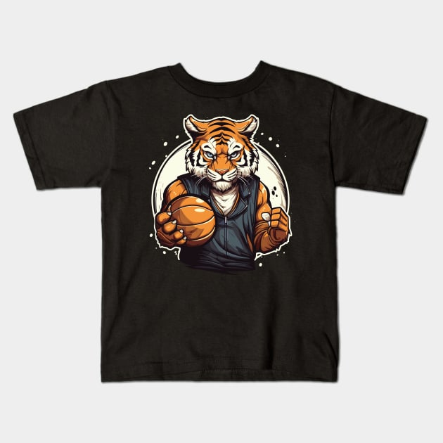 Tiger holding a basketball Kids T-Shirt by Yopi